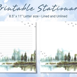 Printable Stationery Lined Paper With Reflection of Beautiful Pine Trees in Lake, Printable ...