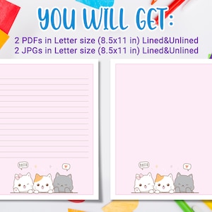 Kawaii Stationery Printable for kids, Printable Letter Writing with cute cat kitten, cute stationary image 3