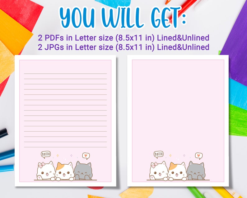 Kawaii Stationery Printable for kids, Printable Letter Writing with cute cat kitten, cute stationary image 3