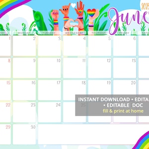 Calendario de junio de 2025 editable, mes del orgullo, calendario digital LGBT queer, tamaño carta, inicio en domingo, descarga instantánea