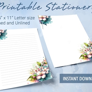 Papel rayado para papelería imprimible con motivos florales, papel para escribir imprimible con flores primaverales florecientes, plantilla de Goodnotes