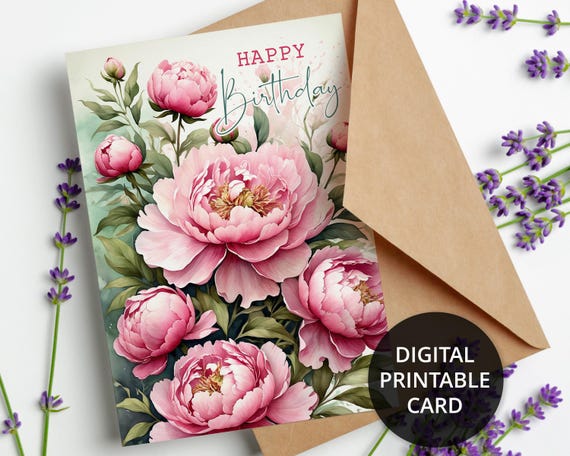 Printable Floral Birthday Card: Pink Peonies (Digital Download)