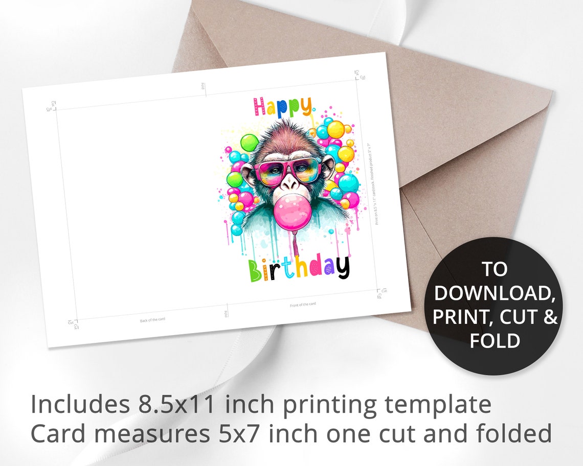Printable Birthday Card, Happy Birthday Card With Funny Monkey in a ...