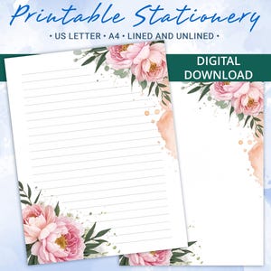 Papel de carta imprimible con motivos florales y peonías rosas, papel de carta imprimible de primavera, tamaño A4 y carta de EE. UU., plantilla de Goodnotes