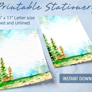 Papel rayado imprimible con pinos en un campo verde y pájaros en un cielo azul, papel para escribir imprimible, plantilla de Goodnotes