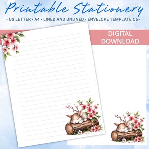 Papel de carta imprimible con un lindo conejo durmiendo sobre madera, papel de carta imprimible, plantilla de Goodnotes, incluye plantilla de sobre