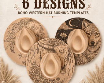 Boho Western Hat Burning Bundle with 6 Moon and Animal Designs, Pyrography PNG Set for Wide Brim Hats