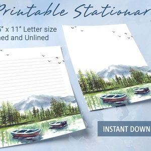 Papel rayado imprimible con reflejo de un bosque de pinos y un barco en el lago, papel para escribir imprimible, plantilla de Goodnotes