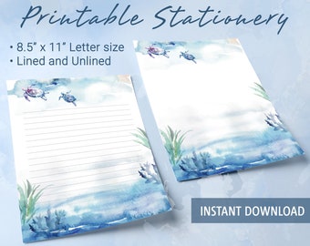 Printable Stationery lined paper with sea-inspired and two turtles, Printable Writing Paper,  Goodnotes template