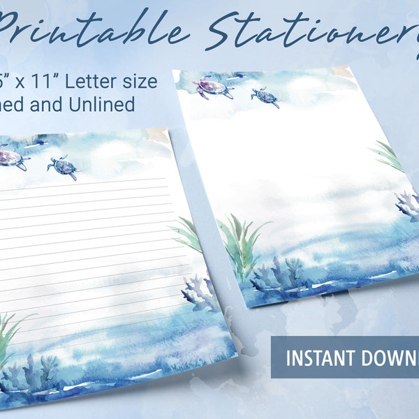 Printable Stationery lined paper with sea-inspired and two turtles, Printable Writing Paper,  Goodnotes template