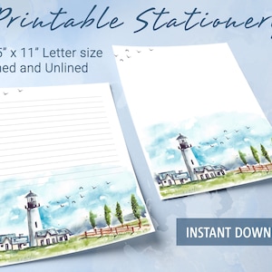 Papel rayado imprimible con paisaje natural en acuarela con faro, papel para escribir imprimible, plantilla de Goodnotes