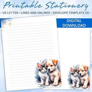 Papel rayado imprimible, papel para escribir imprimible con un gatito y un cachorro, papel para escribir cartas, incluye plantilla de sobre C6