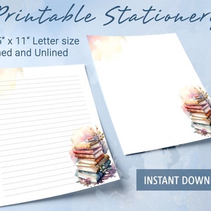 Papel rayado imprimible, papel de carta imprimible con una pila de libros de acuarela, papel para escribir cartas, bloc de notas personalizado