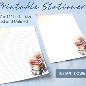 Printable Stationery lined paper, Printable Writing Paper with a stack of watercolor books, Letter Writing Paper, Personalized notepad