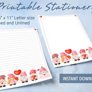 Afdrukbaar briefpapier, gelinieerd papier met valentijnskabouter, afdrukbaar briefpapier, Goodnotes-sjabloon