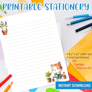 Papelería imprimible para niños, papel de carta imprimible con un lindo gato regando las flores, plantilla de Goodnotes, incluye plantilla de sobre