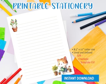 Printable Stationery for kids, Printable Writing Paper with a cute cat watering the flowers, Goodnotes template, Includes envelope template