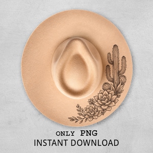 May include: A tan fedora hat with a wide brim, featuring a detailed illustration of a cactus and succulents on the side. The text "ONLY PNG INSTANT DOWNLOAD" is printed at the bottom.