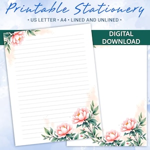 Papel de carta imprimible con motivos florales y peonías rosas, papel de carta imprimible de primavera, tamaño A4 y carta de EE. UU., plantilla de Goodnotes
