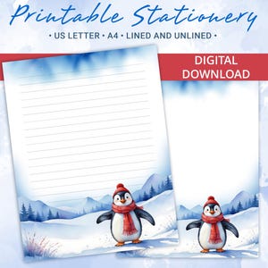 Papel rayado imprimible, papel para escribir cartas con un lindo pingüino con una bufanda, tamaño A4 y carta de EE. UU., plantilla de Goodnotes