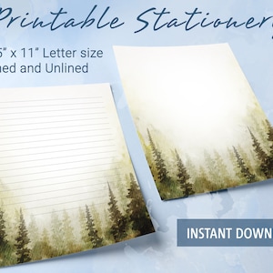 Papel pautado para impressão com linda floresta de pinheiros enevoados em aquarela, papel para escrever para impressão, modelo Goodnotes