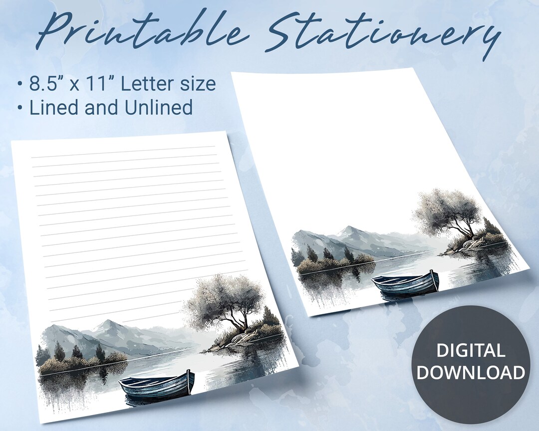 Printable Stationery Lined Paper With Lonely Boat Surrounded by Green Landscape, Printable ...