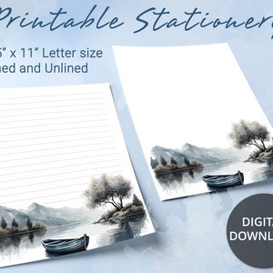 Papel rayado imprimible con un barco solitario rodeado de un paisaje verde, papel para escribir imprimible, plantilla de Goodnotes