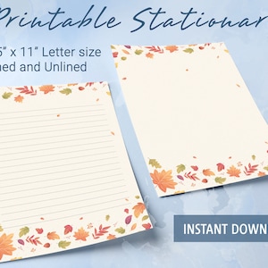 Papel rayado imprimible de otoño, papel de escritura imprimible con hojas de otoño en acuarela, papel para escribir cartas, bloc de notas personalizado