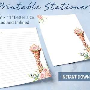 Papelería imprimible, papel de escritura imprimible con linda jirafa de acuarela con ramo de flores en la cabeza, plantilla de Goodnotes