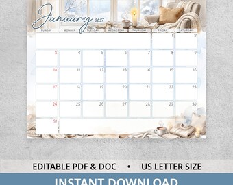 Cozy Hygge January 2027 Calendar, Monthly Organizer for Book Lovers, Neutral Watercolor Reading Nook