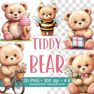 Ours en peluche PNG Clipart Bundle 20 PNG, baby shower, art pour chambre d'enfant, autocollants et sublimation, fond transparent