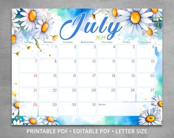 Editable July 2024 calendar with daisies, Watercolor summer wall calendar 2024, Chamomile fillable monthly planner,