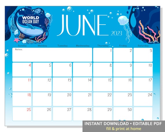 June 2023 Calendar Editable Wall Calendar 2023 World Oceans - Etsy Israel