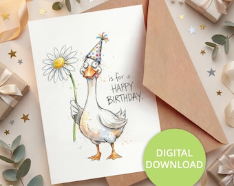 Funny Goose Birthday Card Printable, Watercolor Happy greeting Card