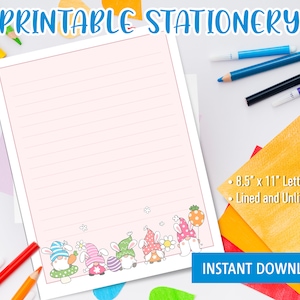 Papelería kawaii imprimible para niños, escritura de cartas imprimible con lindos gnomos para Pascua, papelería linda, feliz día de Pascua