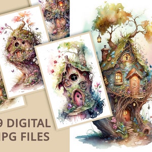 Fairy house watercolor clip art, Fairy house digital illustrations, Digital paper printable, Wall art, High Resolution