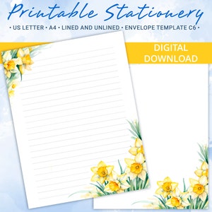 Papel de carta imprimible con narcisos amarillos, papel de carta imprimible de primavera, plantilla de Goodnotes, incluye plantilla de sobre