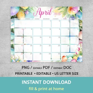 May include: A printable April 2026 calendar with an Easter theme. The calendar features a light blue background with colorful Easter eggs and floral accents. Text includes "April 2026", days of the week, and dates.
