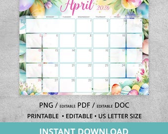 Calendario de abril de 2026 editable con fondo de Pascua, planificador de Pascua, horario escolar para niños, calendario de aula imprimible