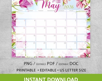 Calendario de mayo de 2026 editable con tulipanes, calendario de pared floral de 2026 con flores de primavera, planificador mensual rellenable, planificador universitario imprimible