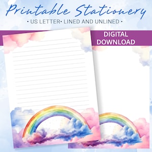 Papel rayado imprimible con arcoíris de acuarela en el cielo con nubes, papel para escribir imprimible, plantilla de Goodnotes