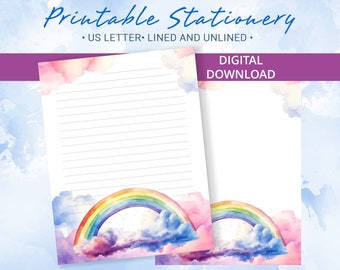 Printable Stationery lined paper with watercolor rainbow in the sky with clouds, Printable Writing Paper,  Goodnotes template