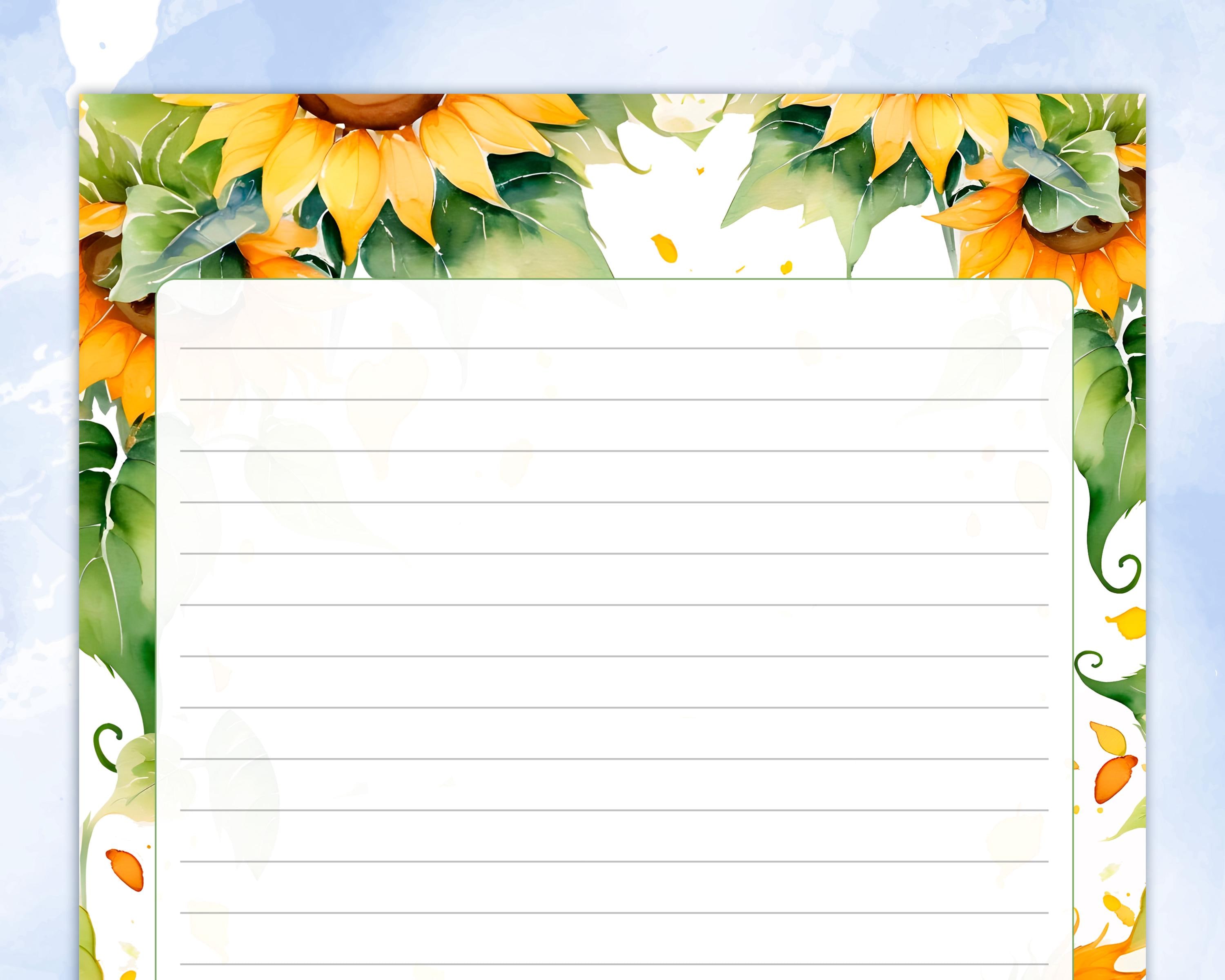 Sunflower Stationery Printable, Lined & Unlined Letter Paper, Digital ...