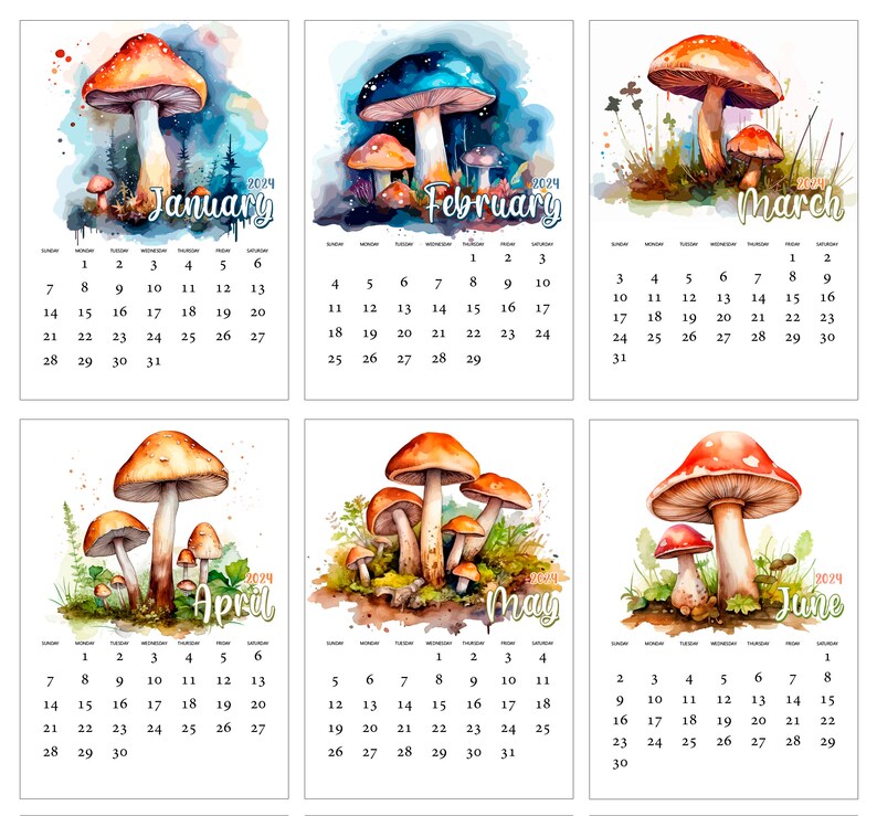 Calendar 2024 Printable, Watercolor Mushrooms Calendar, Desk Calendar
