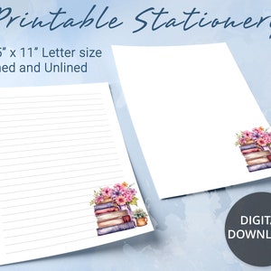 Papel rayado imprimible, papel de carta imprimible con una pila de libros con flores, papel para escribir cartas, bloc de notas personalizado