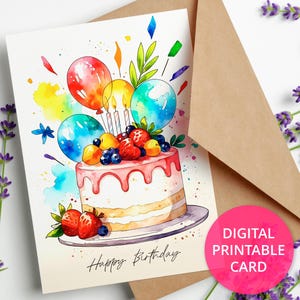 Biglietto di auguri di compleanno stampabile, biglietto di auguri di compleanno con acquerello, biglietto di auguri di compleanno digitale con torta di compleanno, biglietto di auguri 5x7, DOWNLOAD DIGITALE