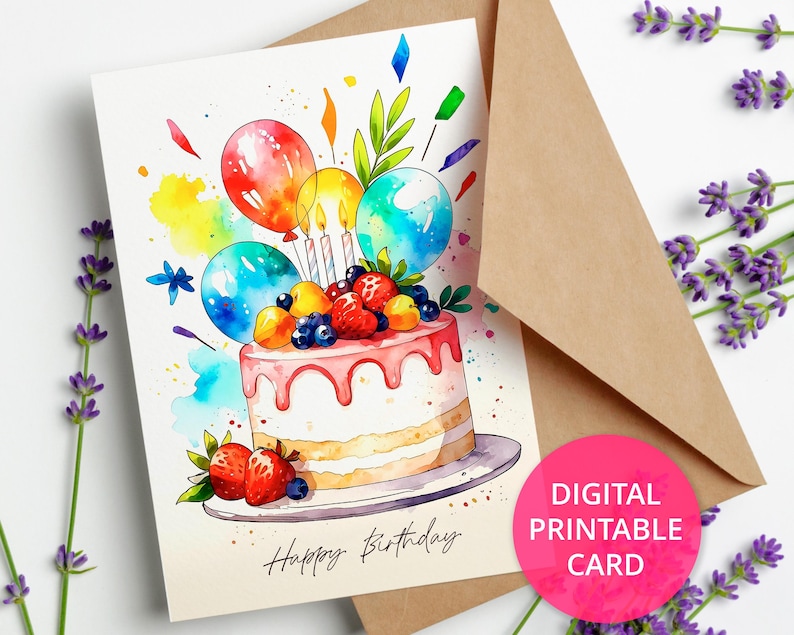 Watercolor Birthday Card: Cake & Balloons, 5x7 Greeting Card - Etsy