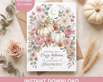 Floral Halloween Card Printable, White Pumpkins and Roses, Cozy Fall Greeting