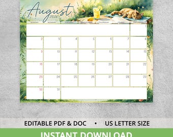 August 2026 Calendar, Editable Monthly Planner, Cute Cat Desk Decor, Cottagecore Aesthetic Organizer, Summer Floral Schedule