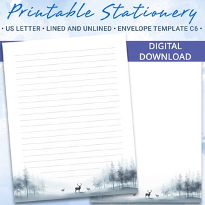 Winter Printable Stationery, Printable Writing Paper with snowflakes and fir trees, Goodnotes template, Includes C6 envelope template